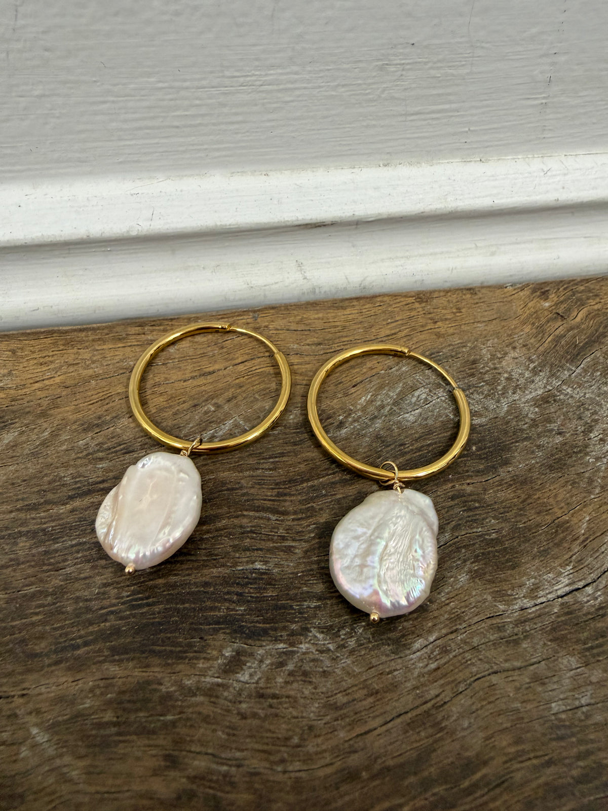 Earrings - Gold Plated Hoops With Natural Coin Pearl Drop
