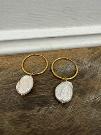 Earrings - Gold Plated Hoops With Natural Coin Pearl Drop