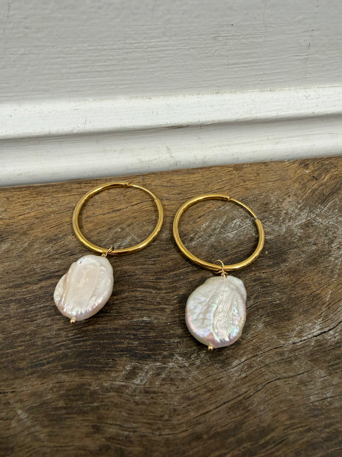 Earrings - Gold Plated Hoops With Natural Coin Pearl Drop