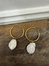 Earrings - Gold Plated Hoops With Natural Coin Pearl Drop