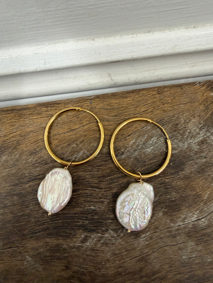 Earrings - Gold Plated Hoops With Natural Coin Pearl Drop