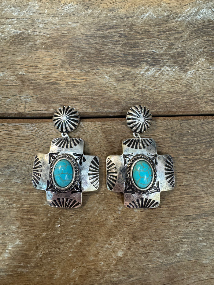 Western Earrings - Turquoise Cross
