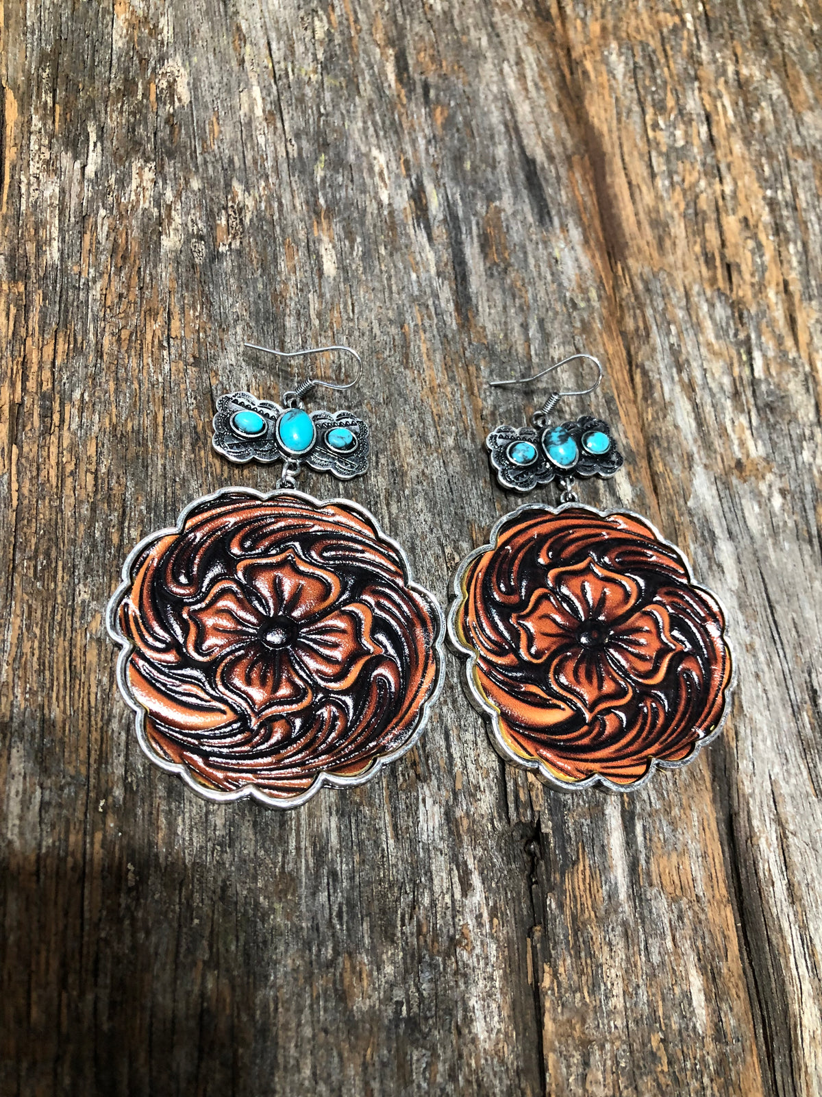 Western Earrings - Round Floral Leather Drop