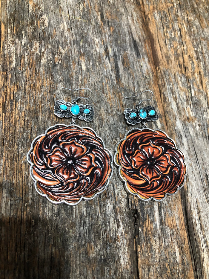 Western Earrings - Round Floral Leather Drop