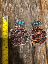 Western Earrings - Round Floral Leather Drop