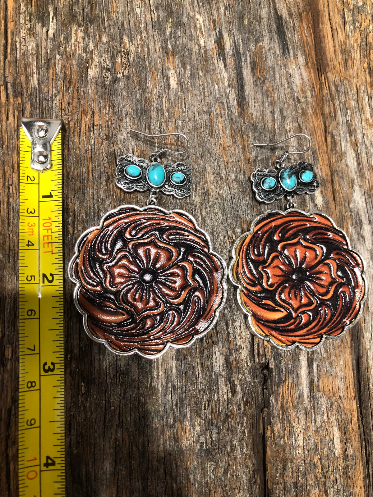 Western Earrings - Round Floral Leather Drop