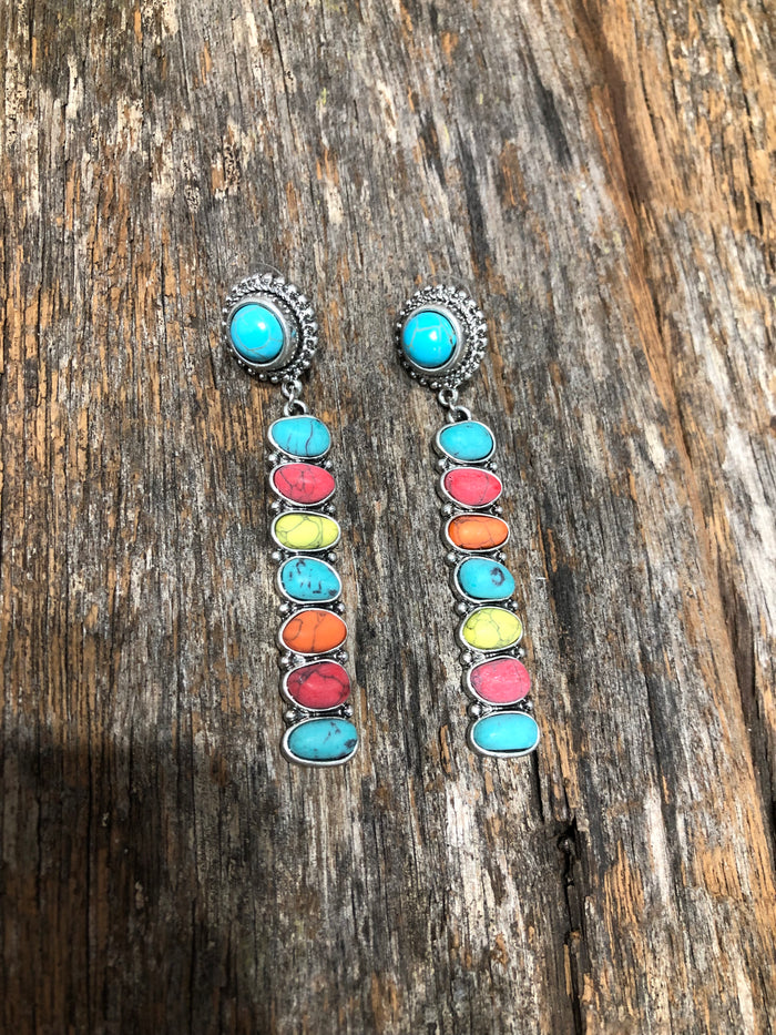 Western Earrings - Multicolour Concho Stone Drop