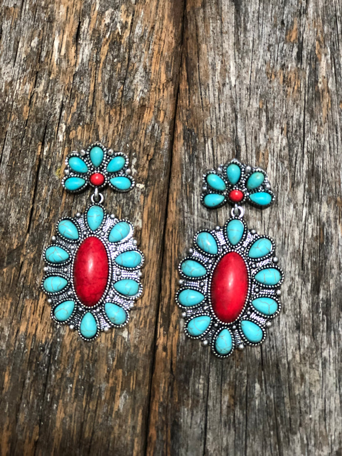 Western Earrings - Turquoise and Red Drop Earring