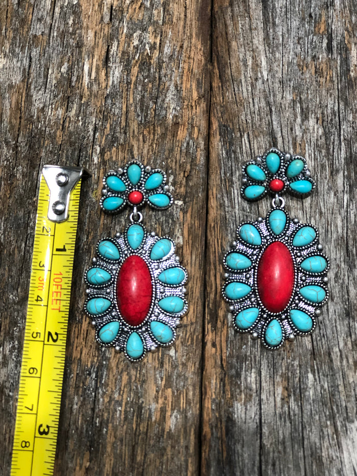 Western Earrings - Turquoise and Red Drop Earring