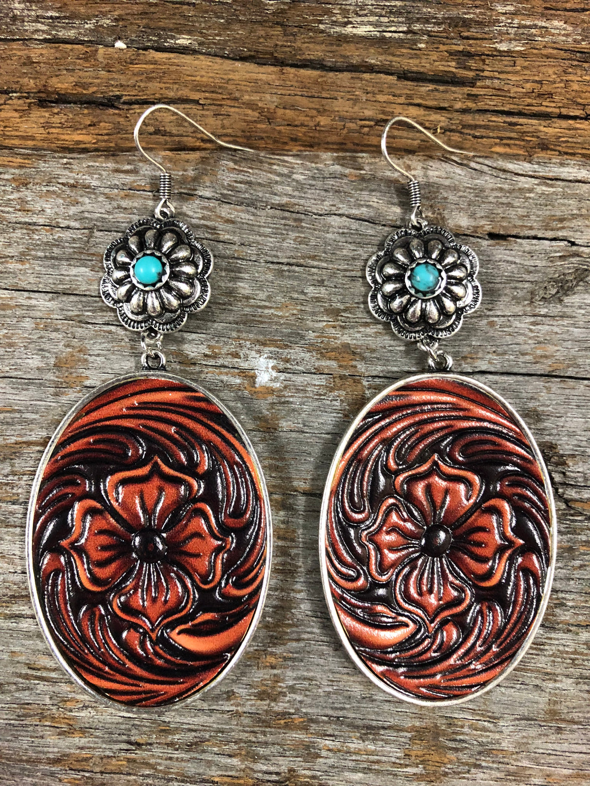 Western Earrings - Floral Leather & Turquoise