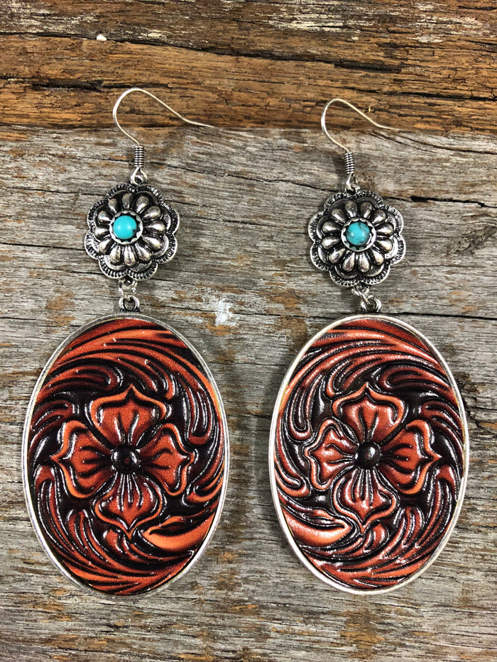 Western Earrings - Floral Leather & Turquoise