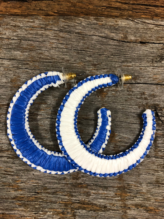 Western Earrings - Blue & White Straw Hoop