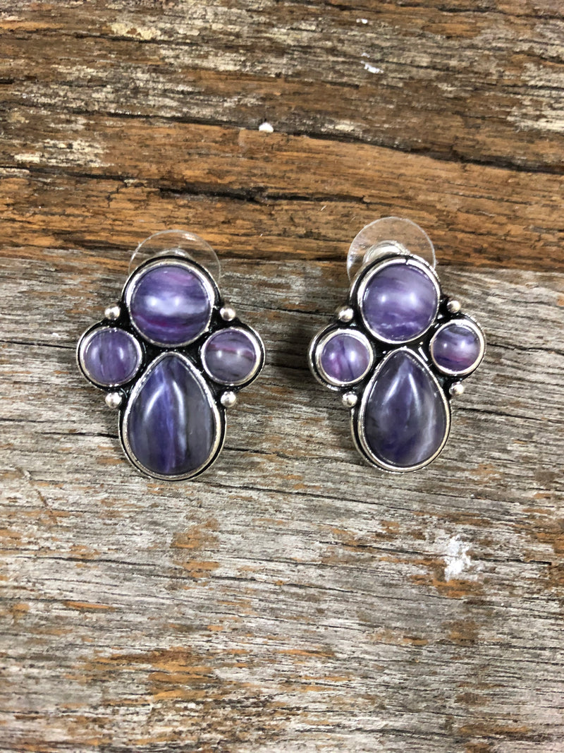 Western Earrings - Purple Stone Concho