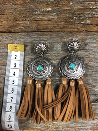 Western Earrings - Antique Silver and Turquoise Brown Felt Drop
