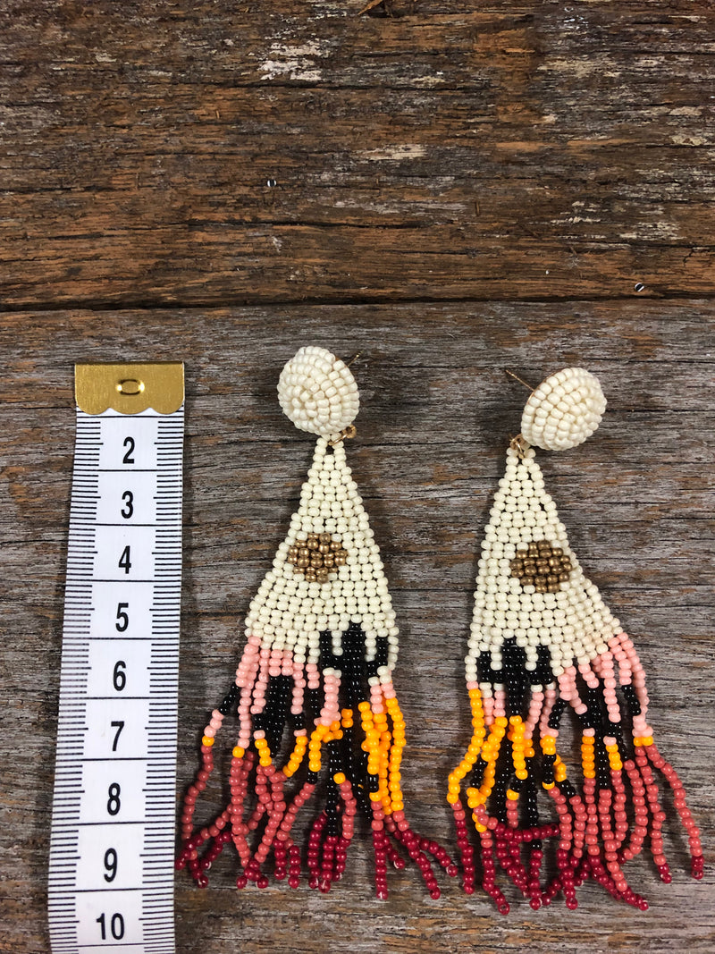 Western Earrings - Viola Seed Bead Triangle Cactus Tassel Drop White