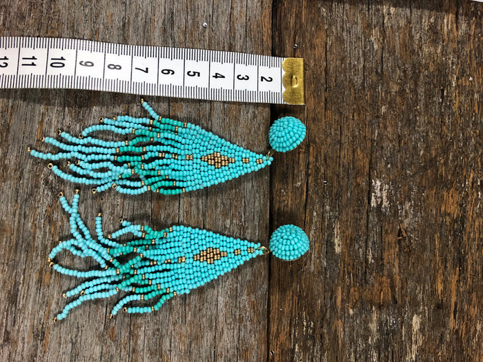Western Earrings - Viola Seed Bead Triangle Tassel Drop Turquoise