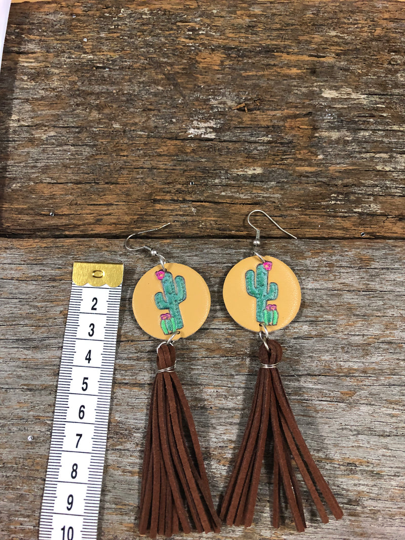 Western Earrings - Tipi Western Cactus Tassel Brown