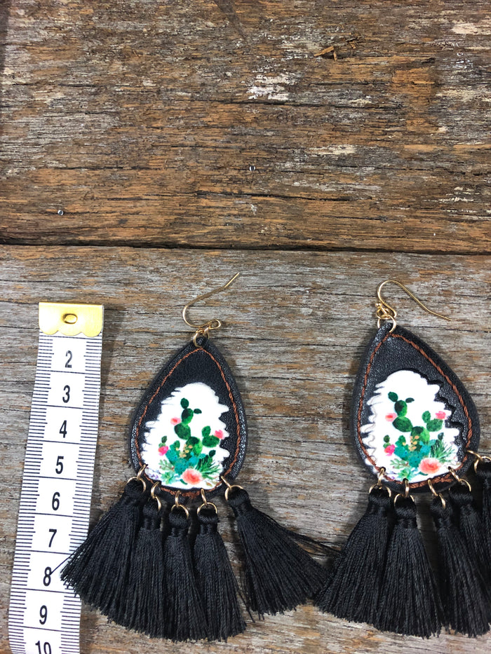 Western Earrings - Wildflower Leather Tear Drop Cactus Tassel