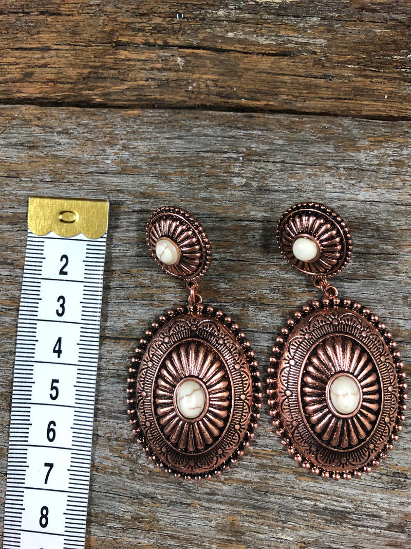 Western Earrings - Burnished Copper and Stone Concho