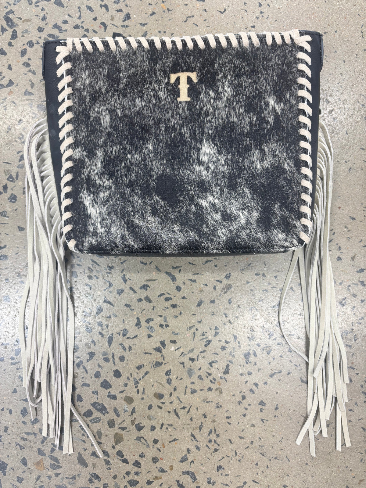 Trinity Ranch Cowhide Frige Crossbody Bag - Black