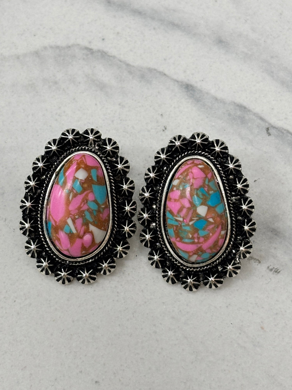 Western Earrings - Multicoloured Oval Stone with Silver Accents