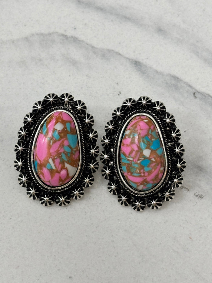 Western Earrings - Multicoloured Oval Stone with Silver Accents