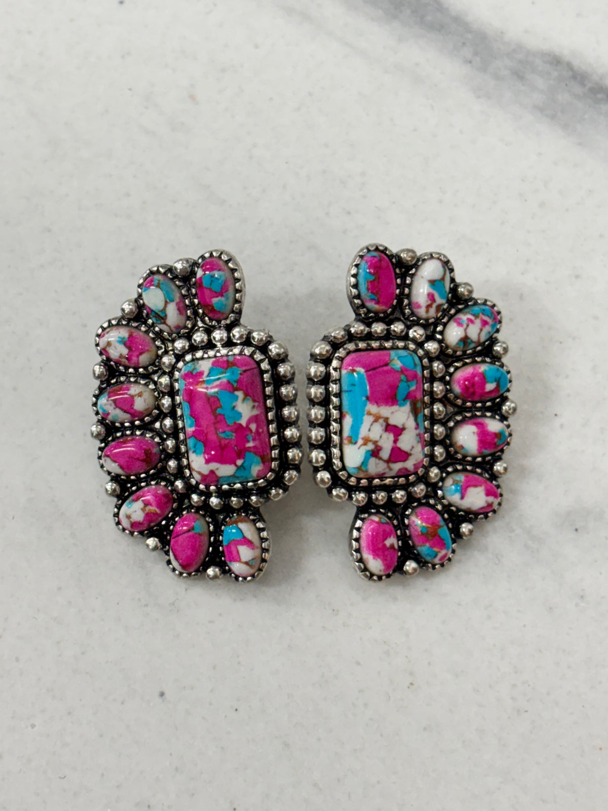 Western Earrings - Half Cresent Pink/Blue/White Stone