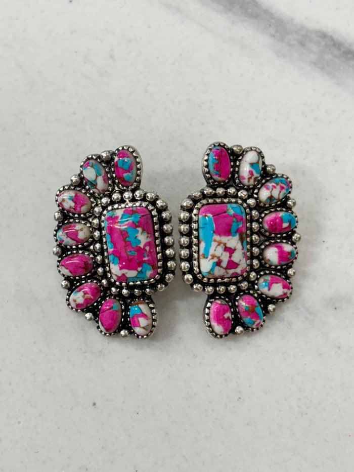 Western Earrings - Half Cresent Pink/Blue/White Stone