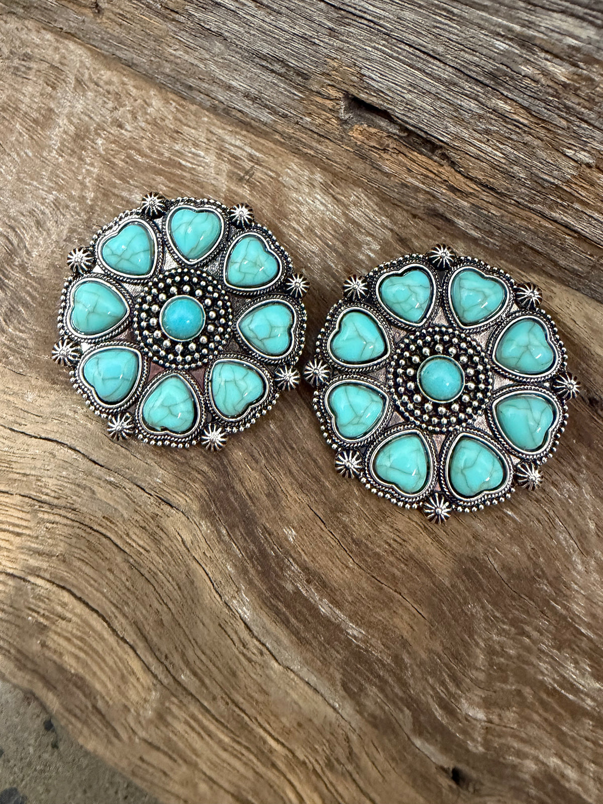 Western Earrings - Large Turqouise Studs With Hearts