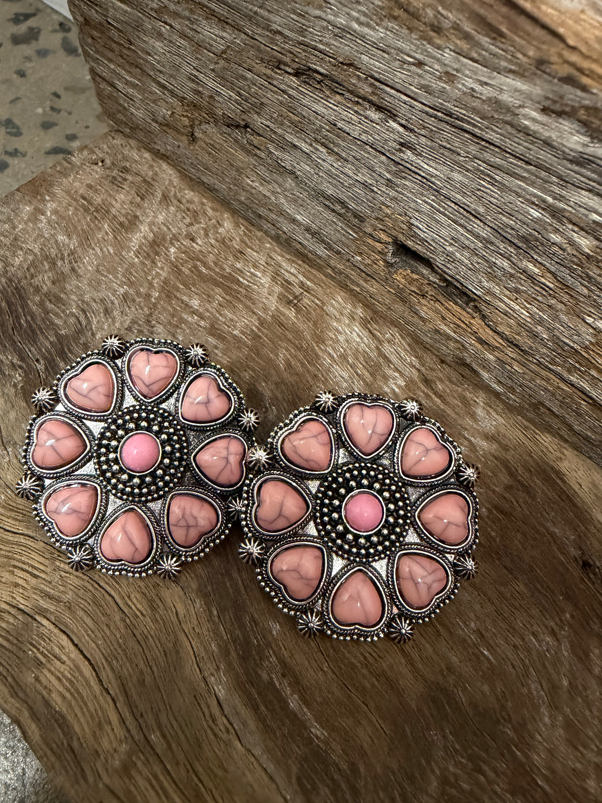 Western Earrings - Large Pink Turqouise Studs With Hearts