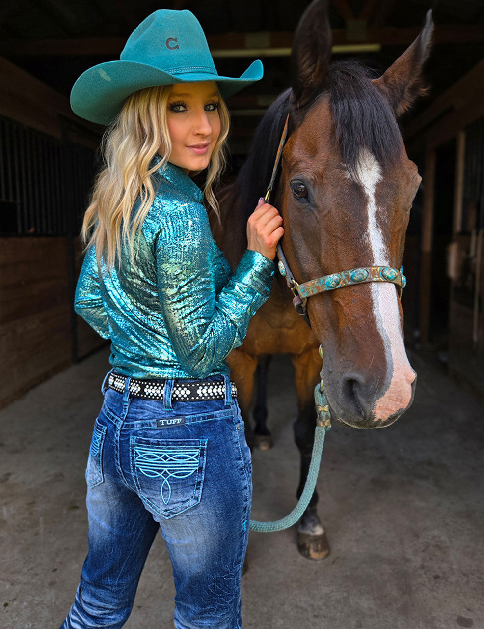 Cowgirl Tuff Jeans - Turquoise Boot Stitch