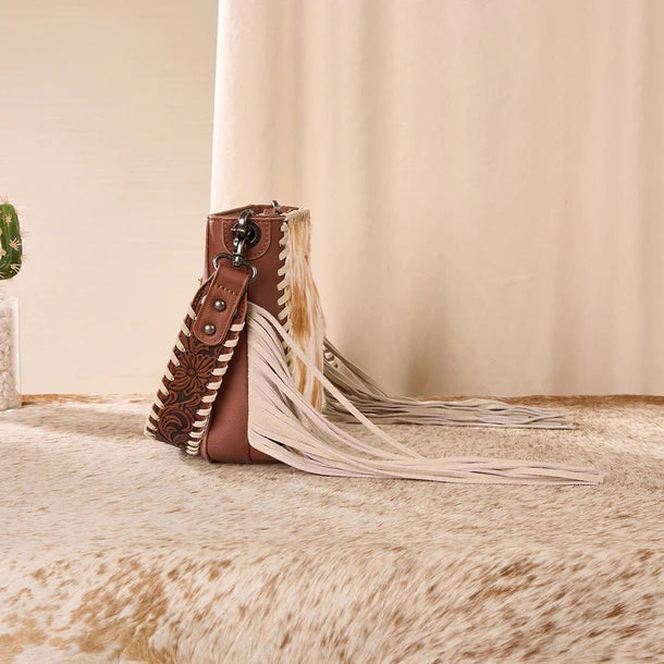 Trinity Ranch Cowhide Frige Crossbody Bag - Brown