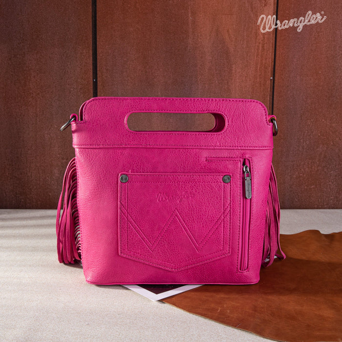 Wrangler Top Handle Embroidered Fringe Tote/Crossbody - Hot Pink