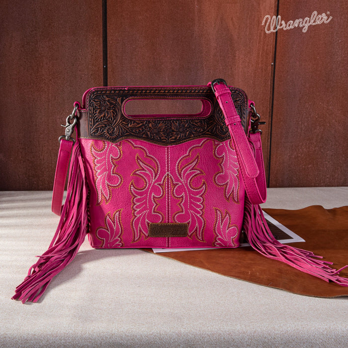 Wrangler Top Handle Embroidered Fringe Tote/Crossbody - Hot Pink
