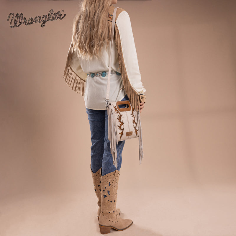 Wrangler Top Handle Boot Scroll Fringe Crossbody - Beige