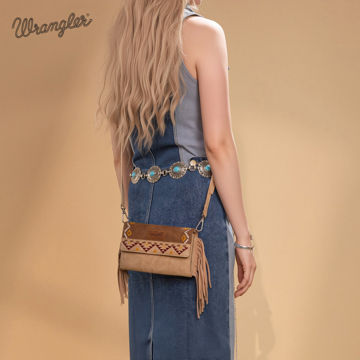 Wrangler Aztec Embroidered Fringe Wallet/Crossbody - Light Brown (WG233-W018LBR)