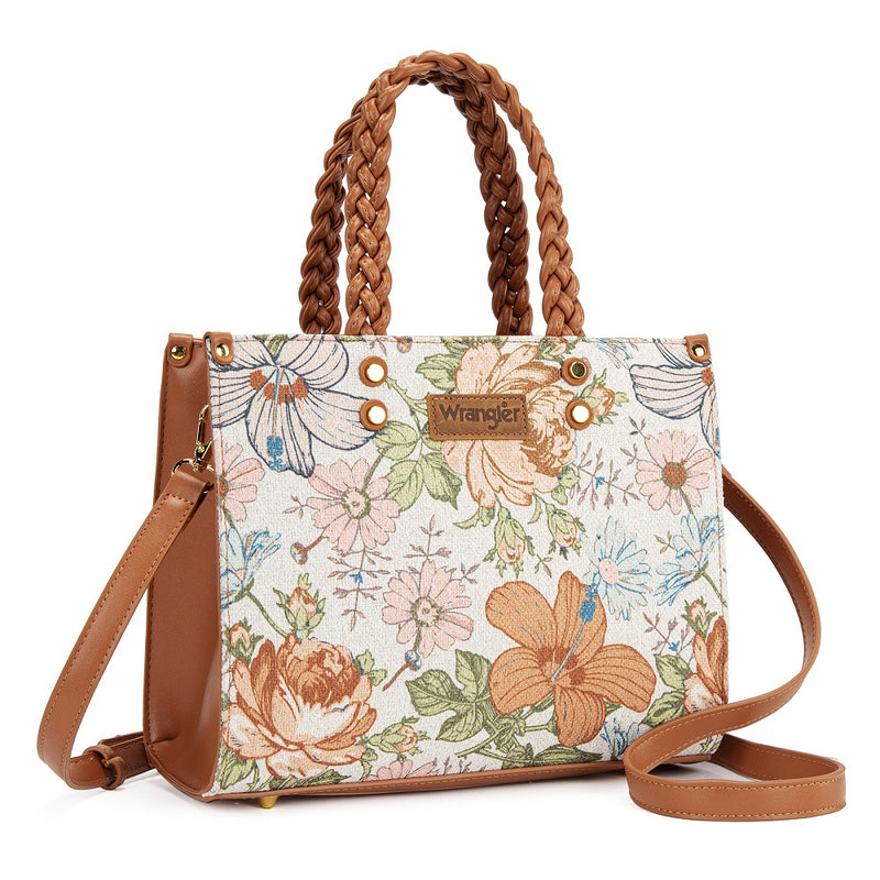 Wrangler Floral Print Braided Tote Crossbody Bag - Brown (WG438-8120BR)
