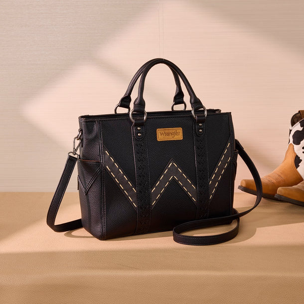 Wrangler Western Stitch & Embossed Chevron Satchel Tote Bag - Black (WG519-8300BK)