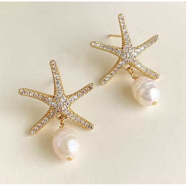 Earrings - Starfish Stud With Natural Pearl Drop