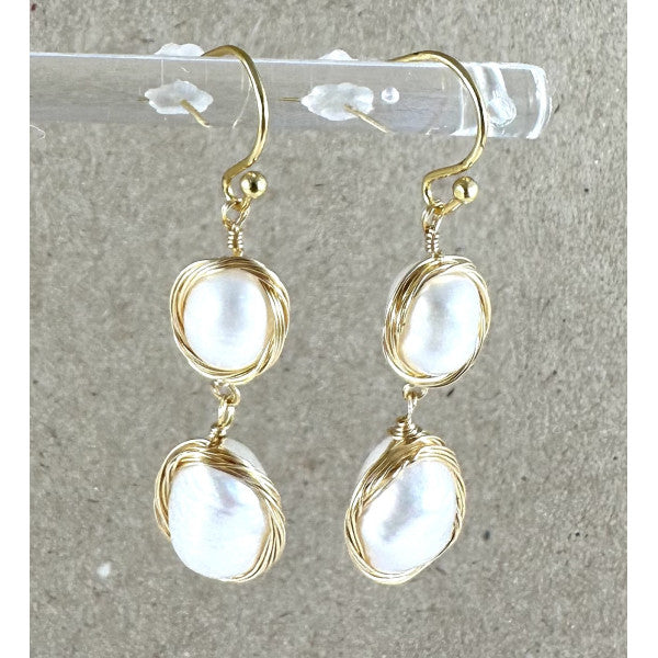 Earrings - Gold Double Pearl Drops