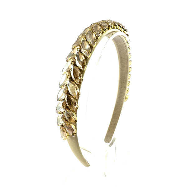 Beige Double Row Crystal Headband - Gold Fine Leaf