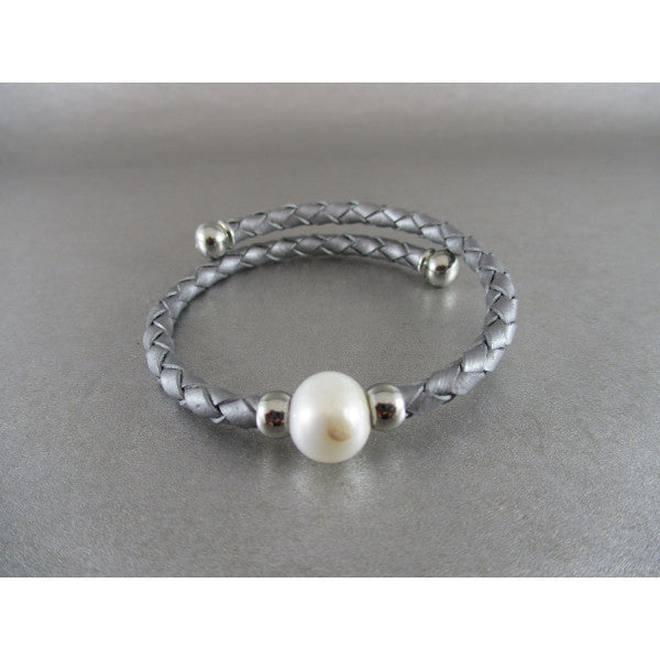 Plaited Leather & Pearl Bracelet - Grey