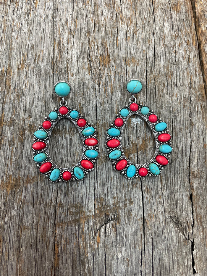 Western Earrings - Turquoise and Red Earring Drop