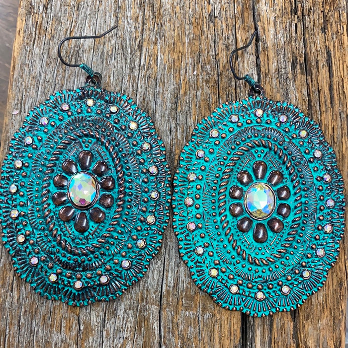 Western Earrings - Steel Turquoise Crystal Drop
