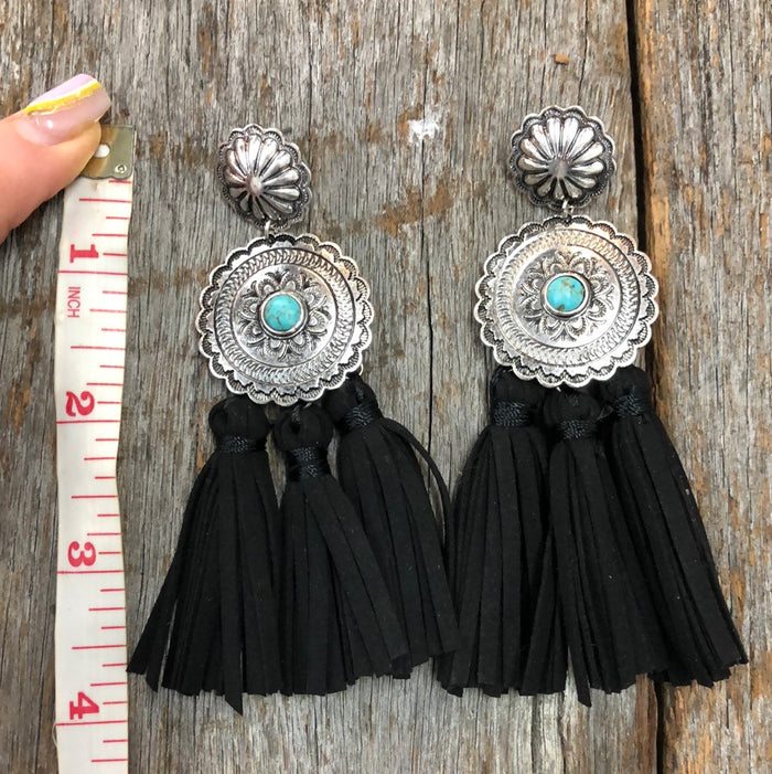 Western Earrings - Antique Silver and Turquoise Black Felt Drop