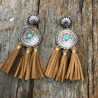 Western Earrings - Antique Silver and Turquoise Brown Felt Drop