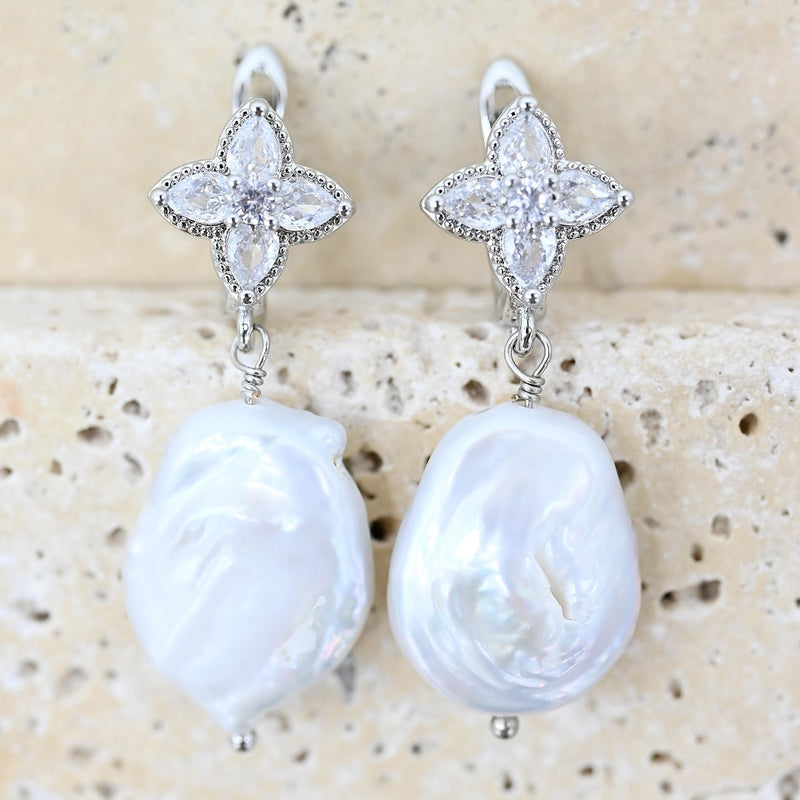 Earrings - Silver & Flower Drop Pearl
