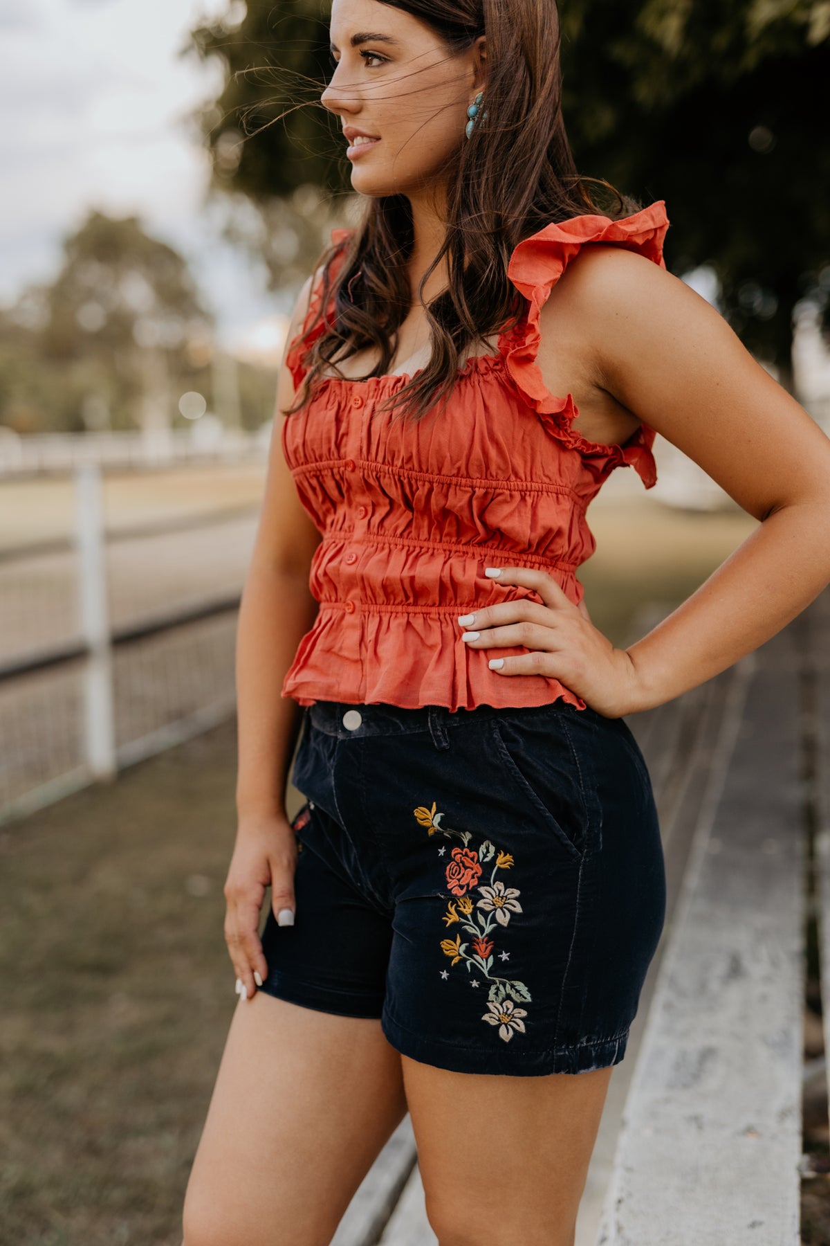 Reba Top - Rust Ruched Peplum