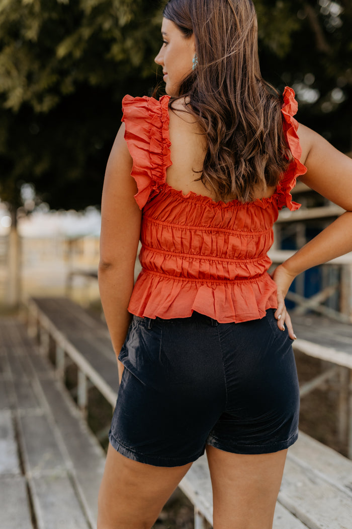 Reba Top - Rust Ruched Peplum
