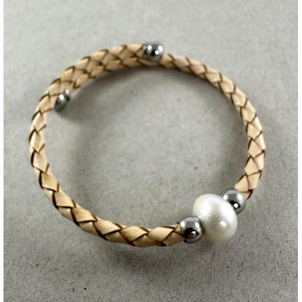 Plaited Leather & Pearl Bracelet - Natural